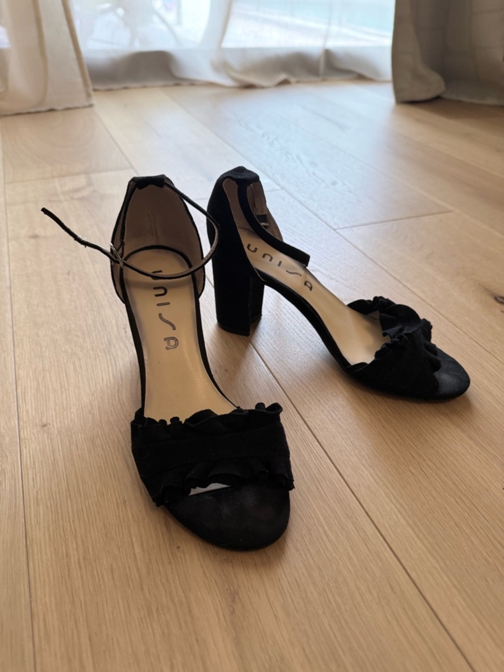 Unisa Black Ruffle Ankle-Strap Block Heels